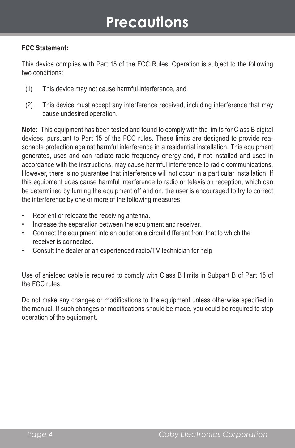 Precautions | COBY DP-350 User Manual | Page 4 / 36