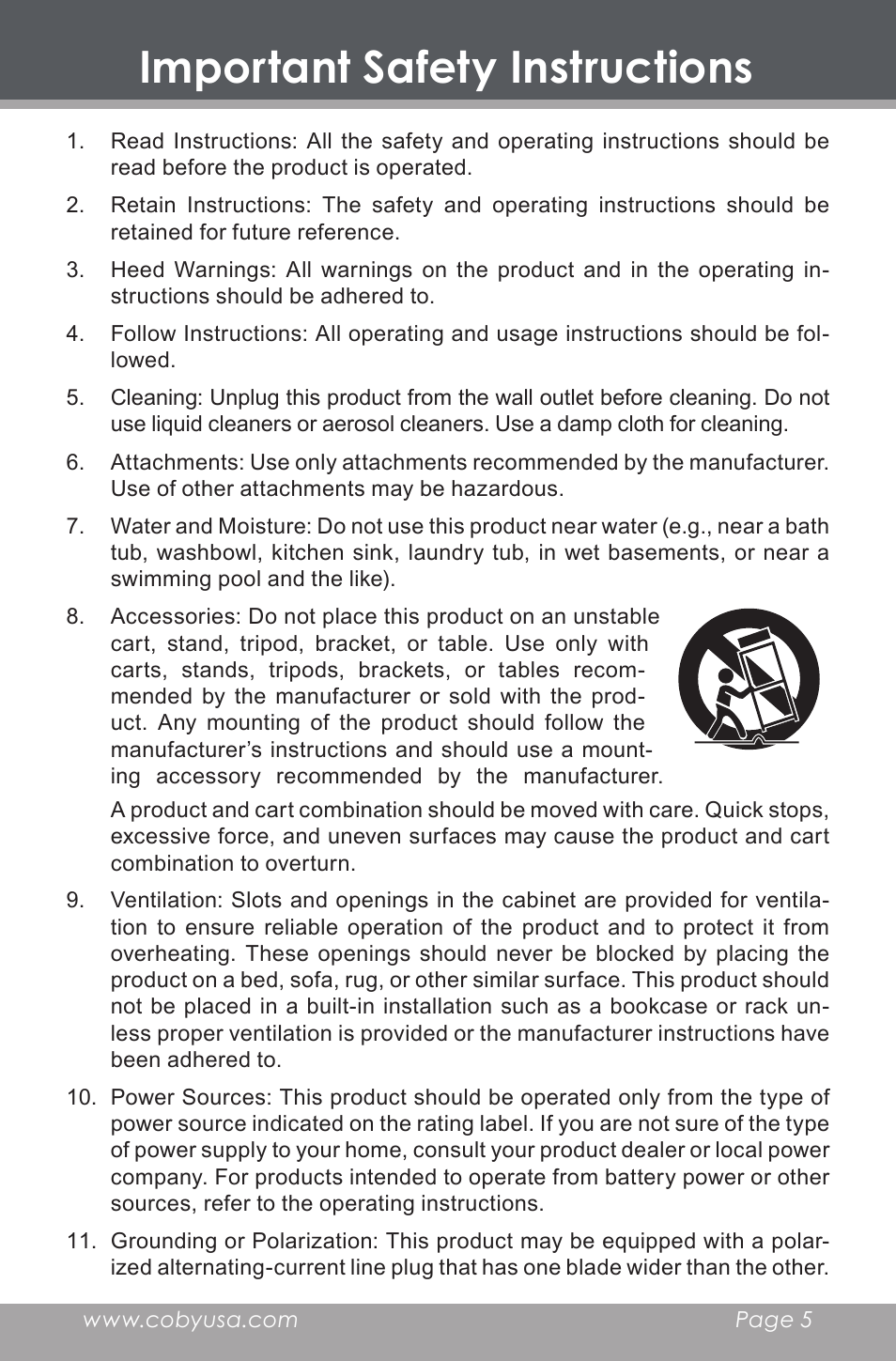 Important safety instructions | COBY DP-350 User Manual | Page 5 / 36