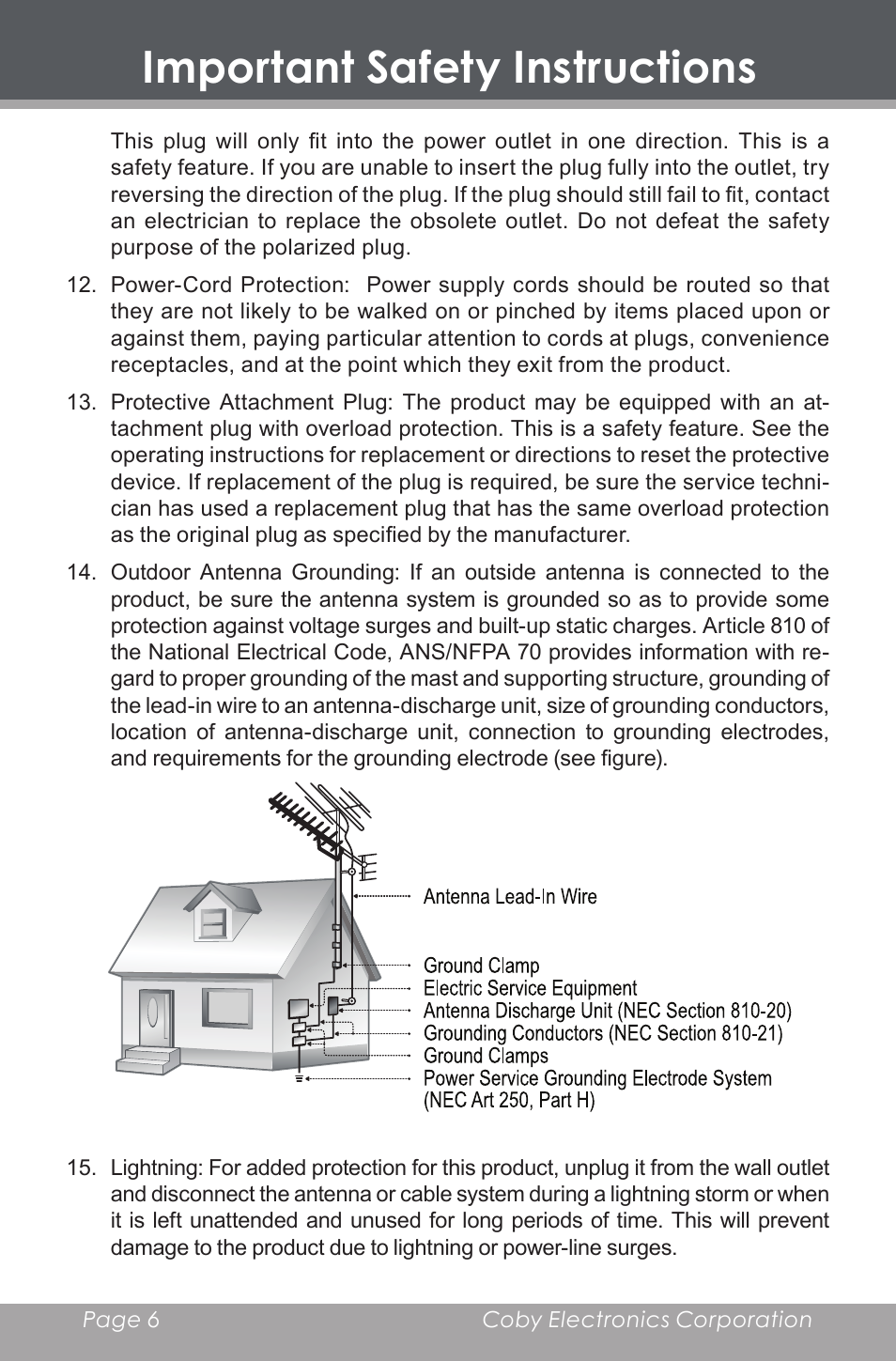 Important safety instructions | COBY DP-350 User Manual | Page 6 / 36