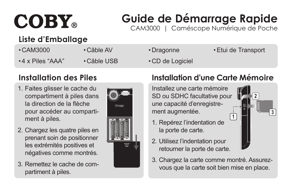 Guide de démarrage rapide, Liste d’emballage | COBY electronic SNAPP CAM3000 User Manual | Page 13 / 18