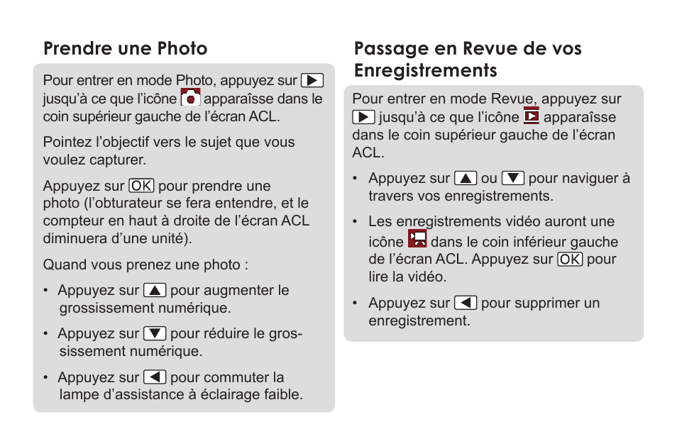 Prendre une photo, Passage en revue de vos enregistrements | COBY electronic SNAPP CAM3000 User Manual | Page 17 / 18