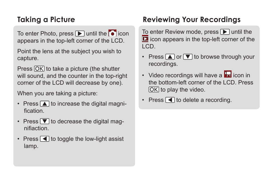 Taking a picture, Reviewing your recordings | COBY electronic SNAPP CAM3000 User Manual | Page 5 / 18