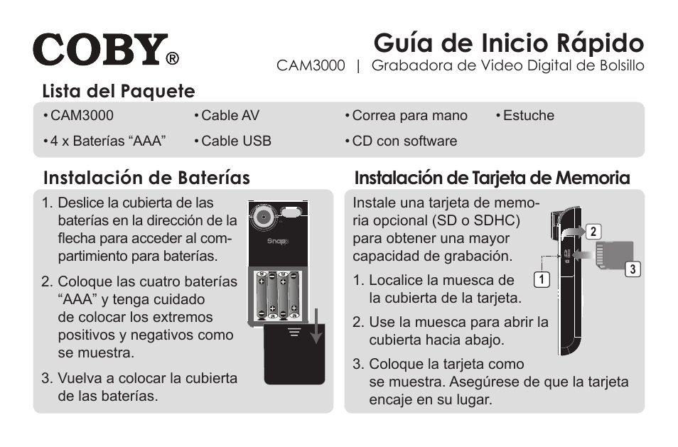 Guía de inicio rápido, Lista del paquete | COBY electronic SNAPP CAM3000 User Manual | Page 7 / 18