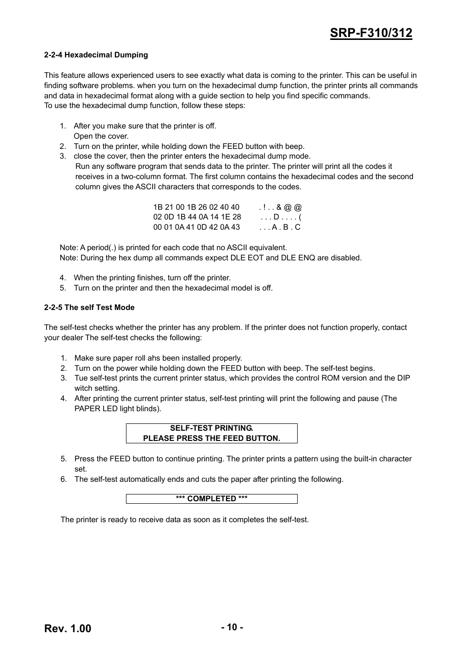 2-4 hexadecimal dumping, 2-5 the self test mode, 10 2-2-5 the self test mode | Rev. 1.00 | BIXOLON SRP-F310 User Manual | Page 10 / 66