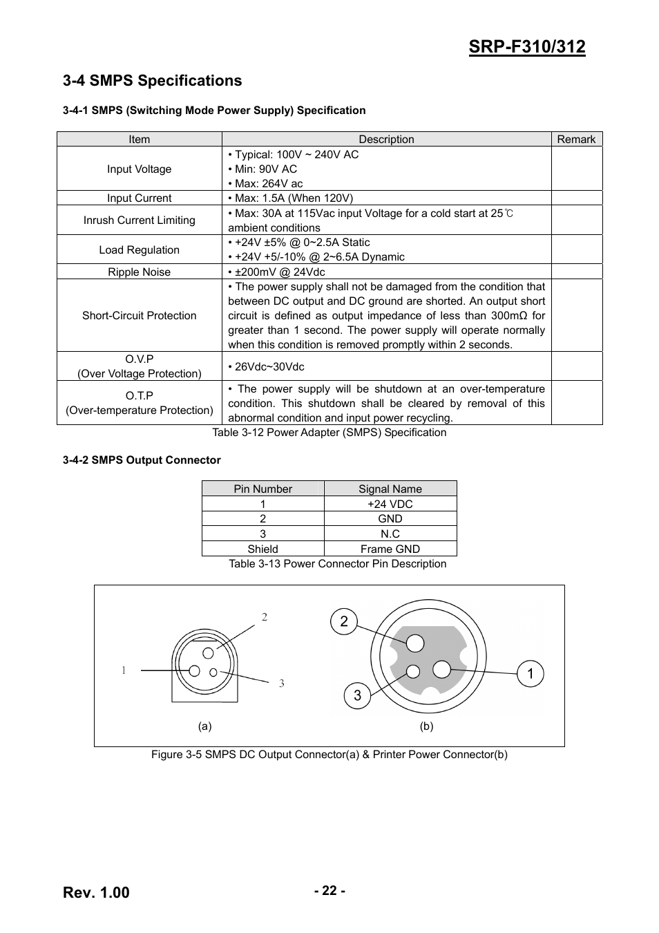 4 smps specifications, 4-2 smps output connector, Rev. 1.00 | BIXOLON SRP-F310 User Manual | Page 22 / 66