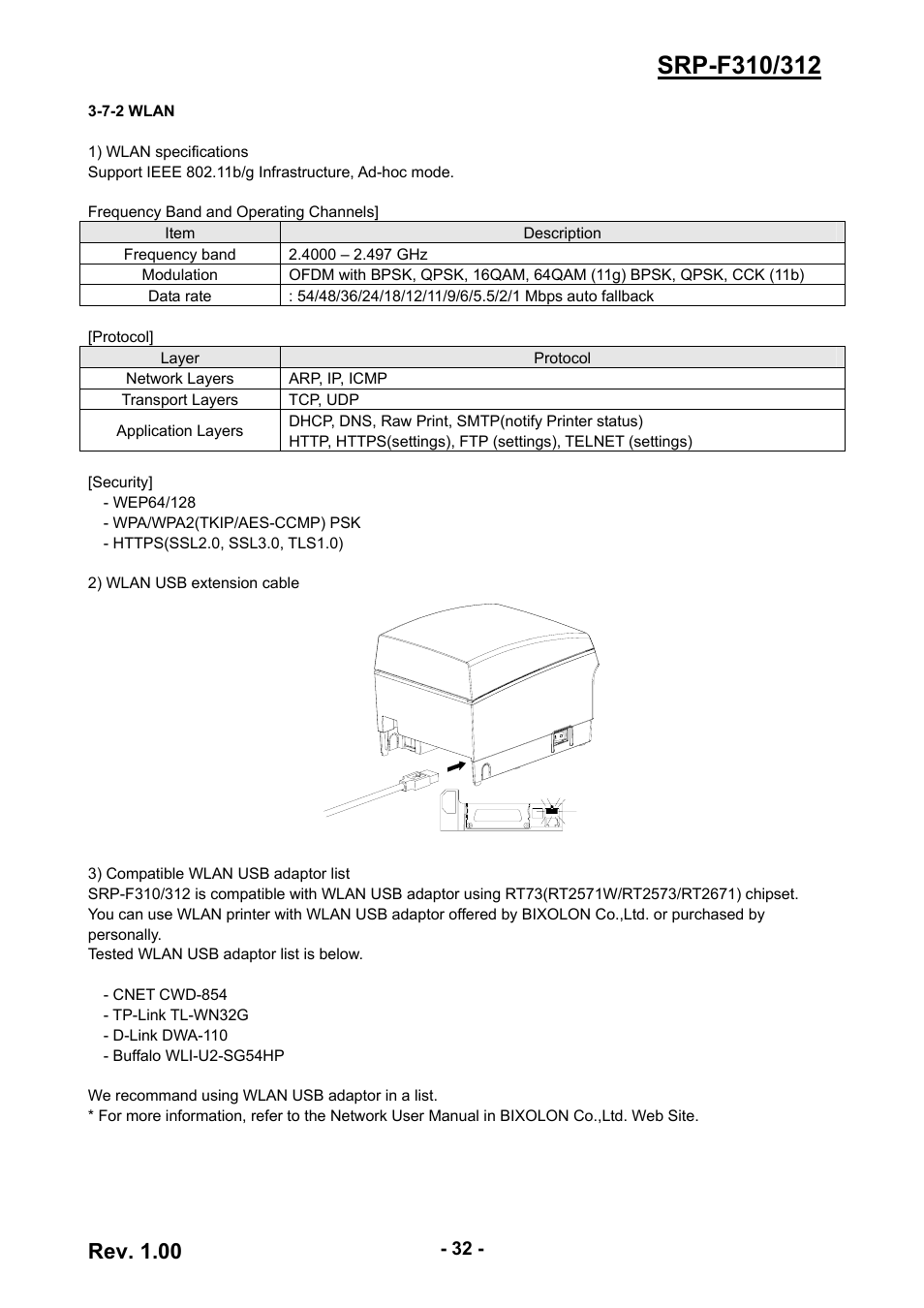 7-2 wlan, Rev. 1.00 | BIXOLON SRP-F310 User Manual | Page 32 / 66