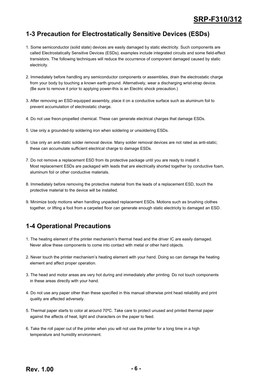4 operational precautions, 6 1-4 operational precautions, Rev. 1.00 | BIXOLON SRP-F310 User Manual | Page 6 / 66
