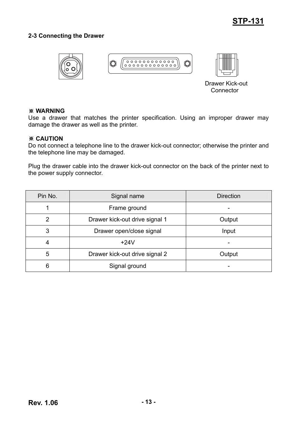 3 connecting the drawer, Stp-131 | BIXOLON STP-131 User Manual | Page 13 / 19