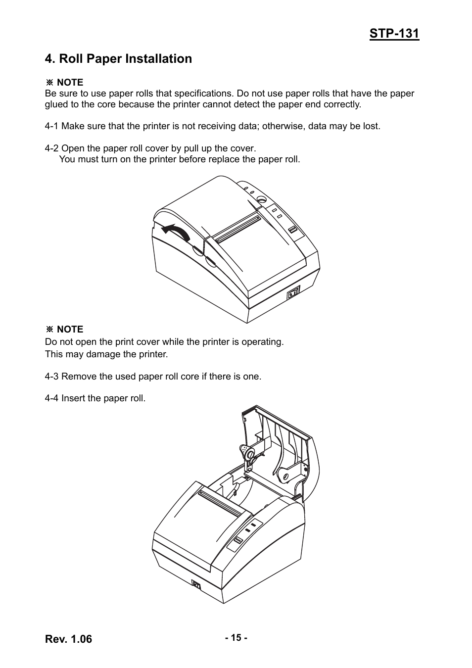 Roll paper installation, Stp-131 4. roll paper installation | BIXOLON STP-131 User Manual | Page 15 / 19