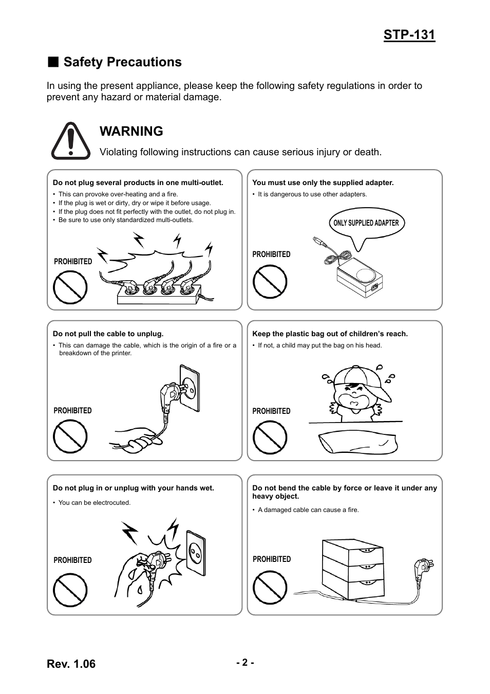 Stp-131 ■ safety precautions, Warning, Rev. 1.06 | BIXOLON STP-131 User Manual | Page 2 / 19