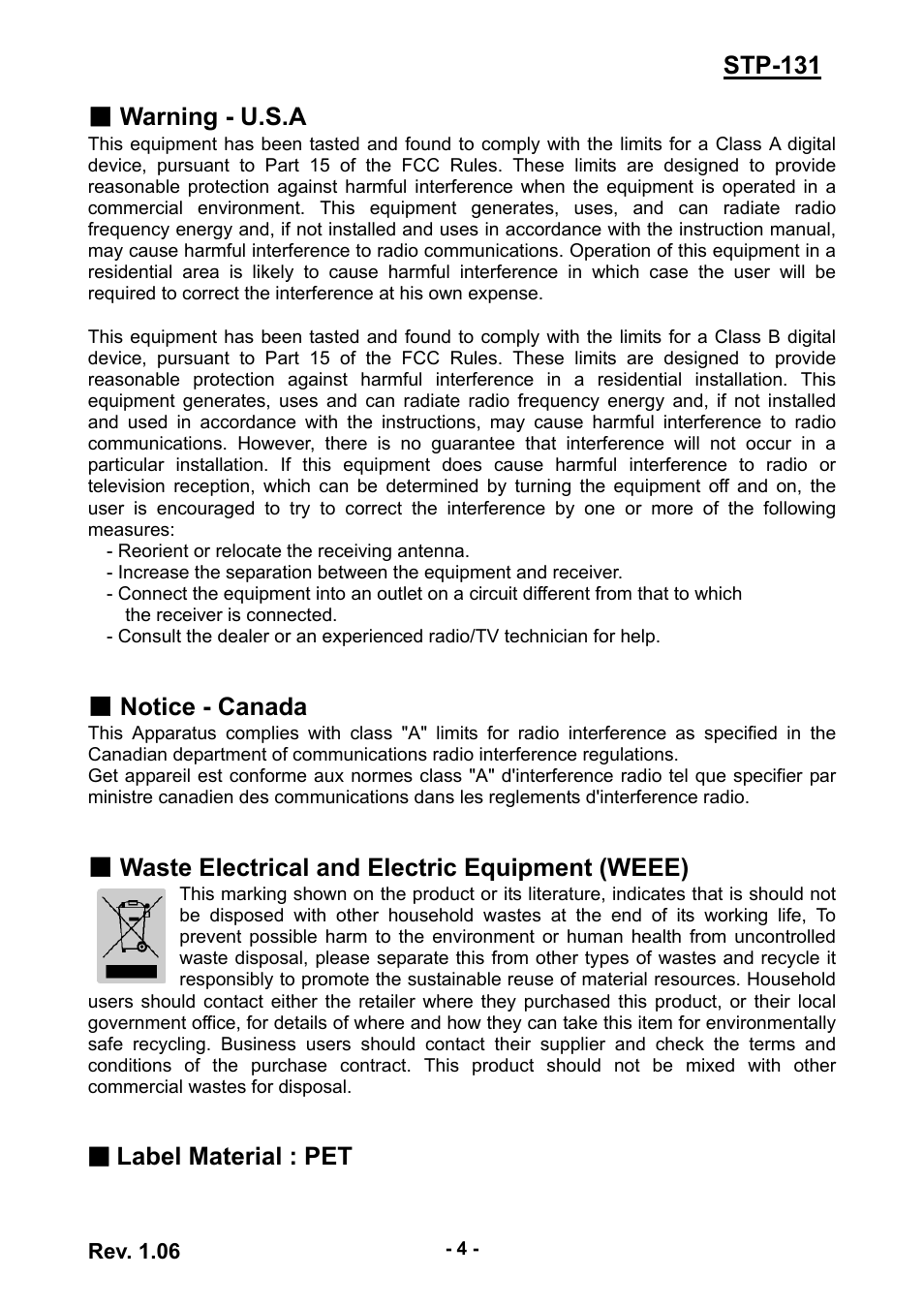 Stp-131 ■ warning - u.s.a, Notice - canada, Waste electrical and electric equipment (weee) | Label material : pet | BIXOLON STP-131 User Manual | Page 4 / 19