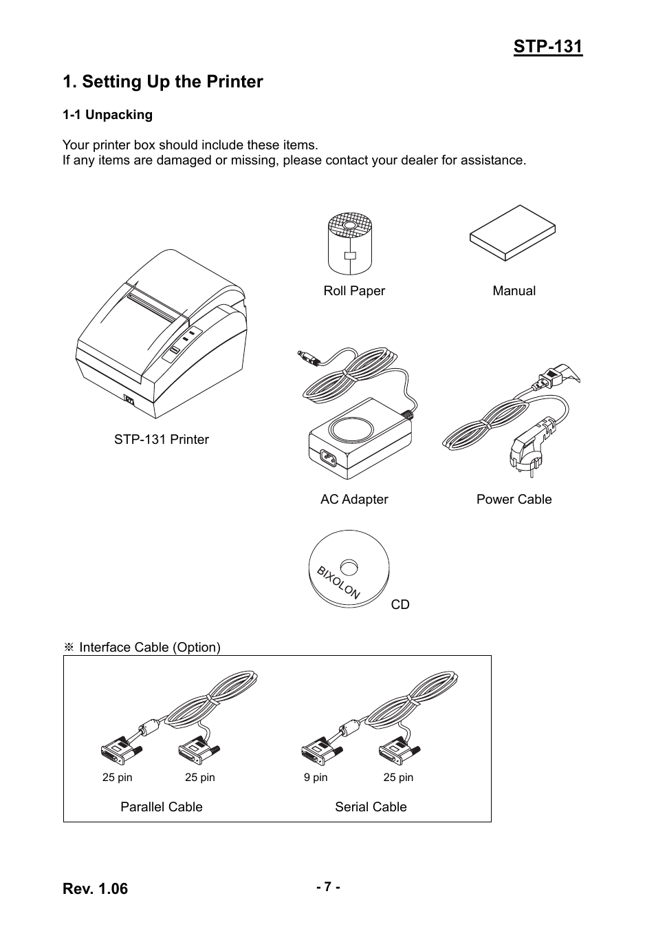 1 unpacking, Setting up the printer, Stp-131 1. setting up the printer | Rev. 1.06 | BIXOLON STP-131 User Manual | Page 7 / 19