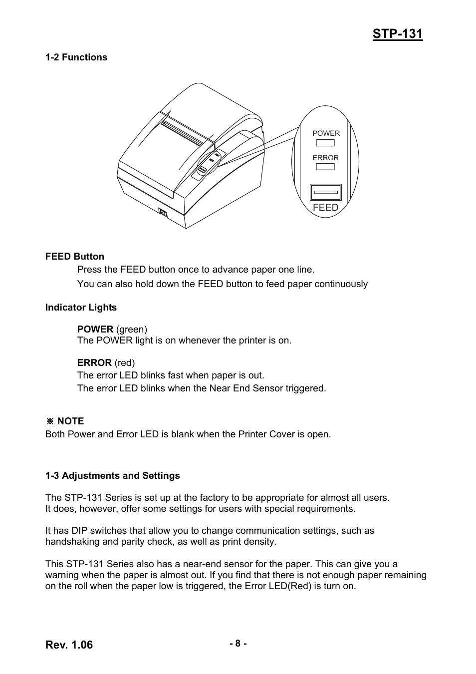 2 functions, 3 adjustments and settings, 8 1-3 adjustments and settings | Stp-131, Rev. 1.06 | BIXOLON STP-131 User Manual | Page 8 / 19