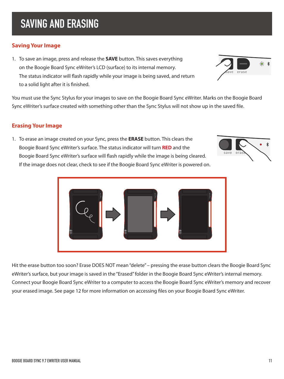 Saving and erasing | Boogie Board Sync 9.7 eWriter User Manual | Page 11 / 20