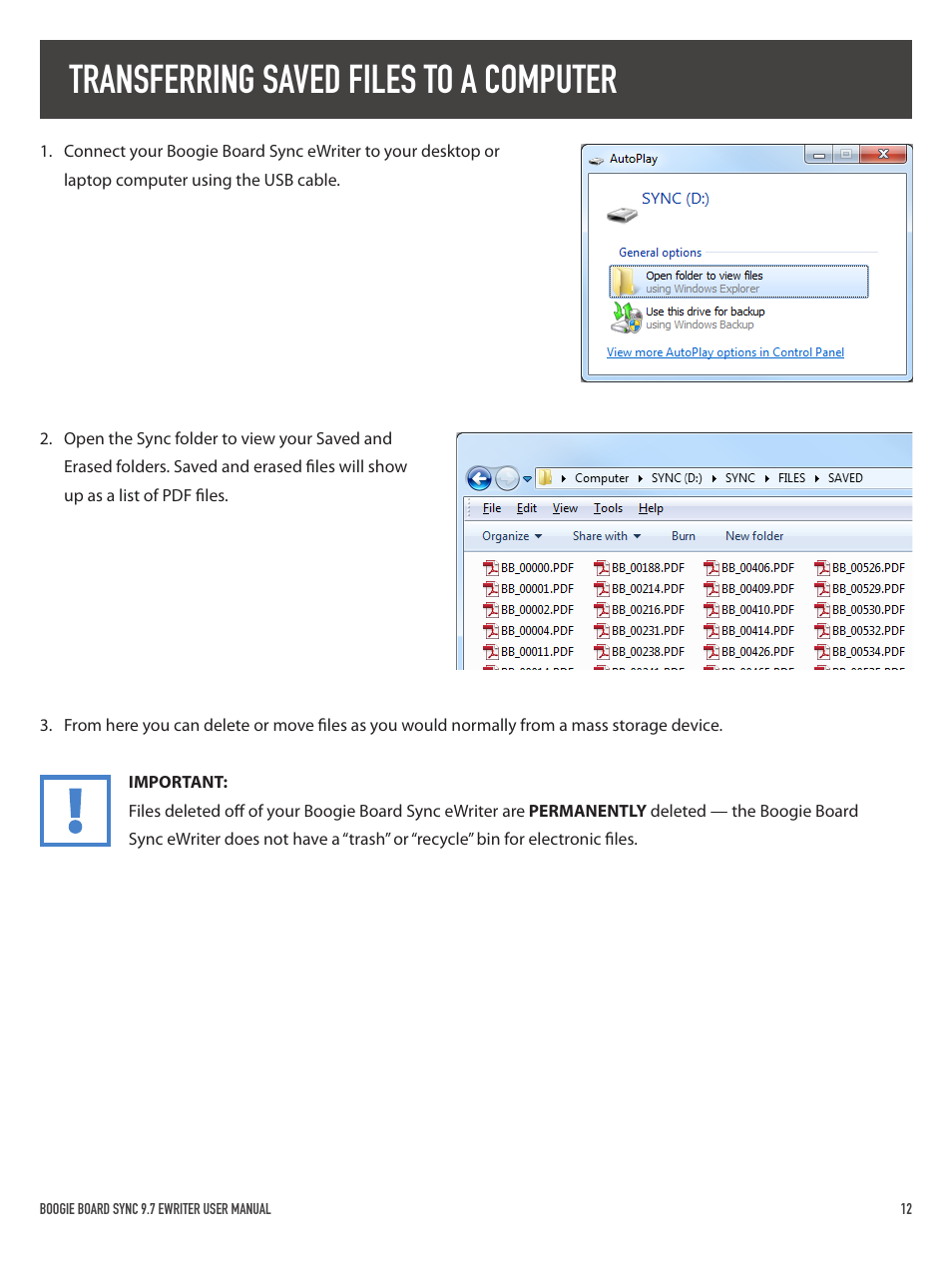 Transferring saved files to a computer | Boogie Board Sync 9.7 eWriter User Manual | Page 12 / 20