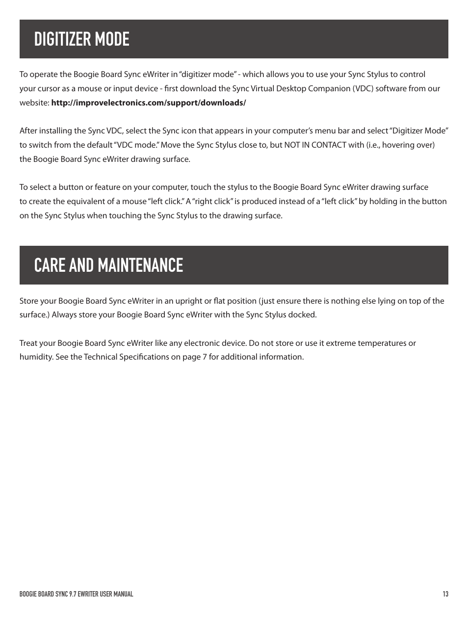 Digitizer mode, Care and maintenance | Boogie Board Sync 9.7 eWriter User Manual | Page 13 / 20