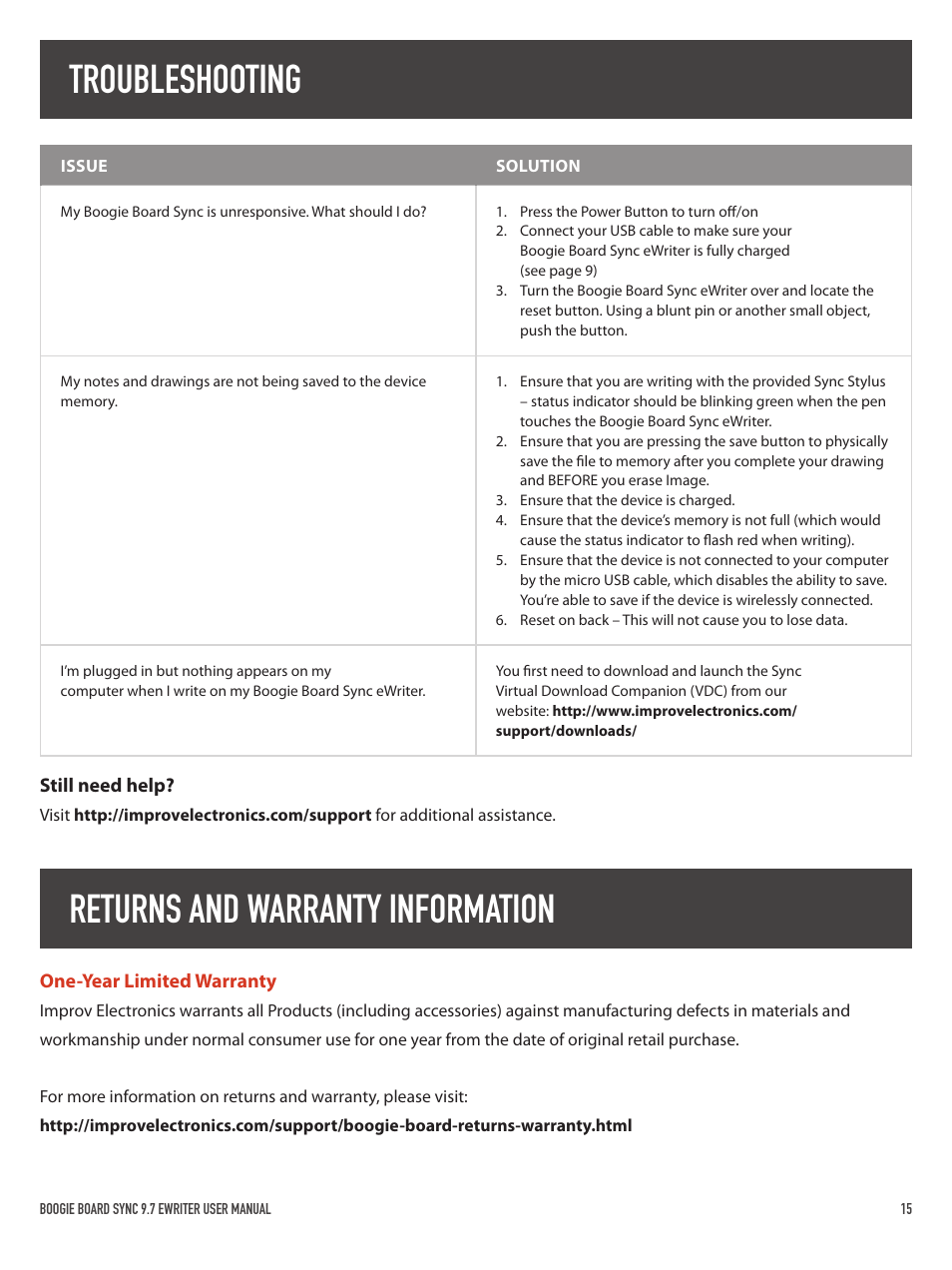 Troubleshooting, Returns and warranty information | Boogie Board Sync 9.7 eWriter User Manual | Page 15 / 20