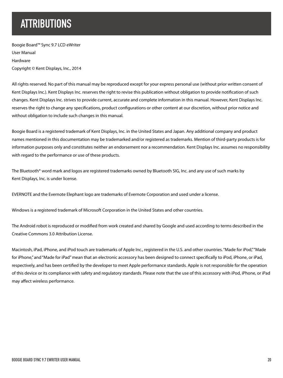 Attributions | Boogie Board Sync 9.7 eWriter User Manual | Page 20 / 20