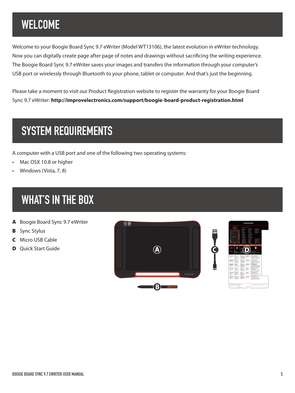 Welcome system requirements what’s in the box | Boogie Board Sync 9.7 eWriter User Manual | Page 5 / 20