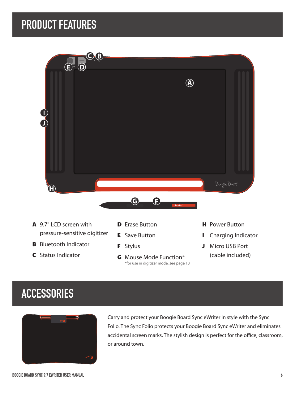 Product features accessories | Boogie Board Sync 9.7 eWriter User Manual | Page 6 / 20