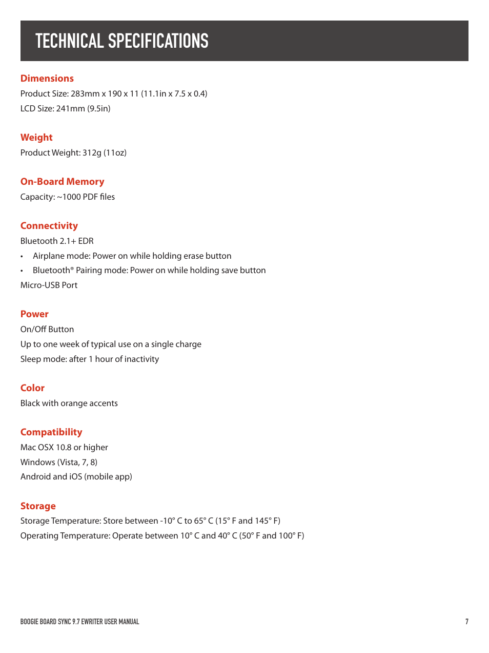 Technical specifications | Boogie Board Sync 9.7 eWriter User Manual | Page 7 / 20