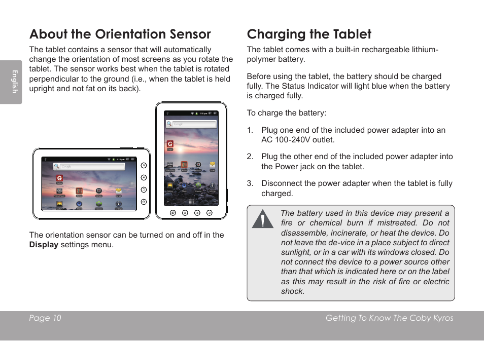 About the orientation sensor, Charging the tablet | COBY electronic MID7012 User Manual | Page 10 / 124