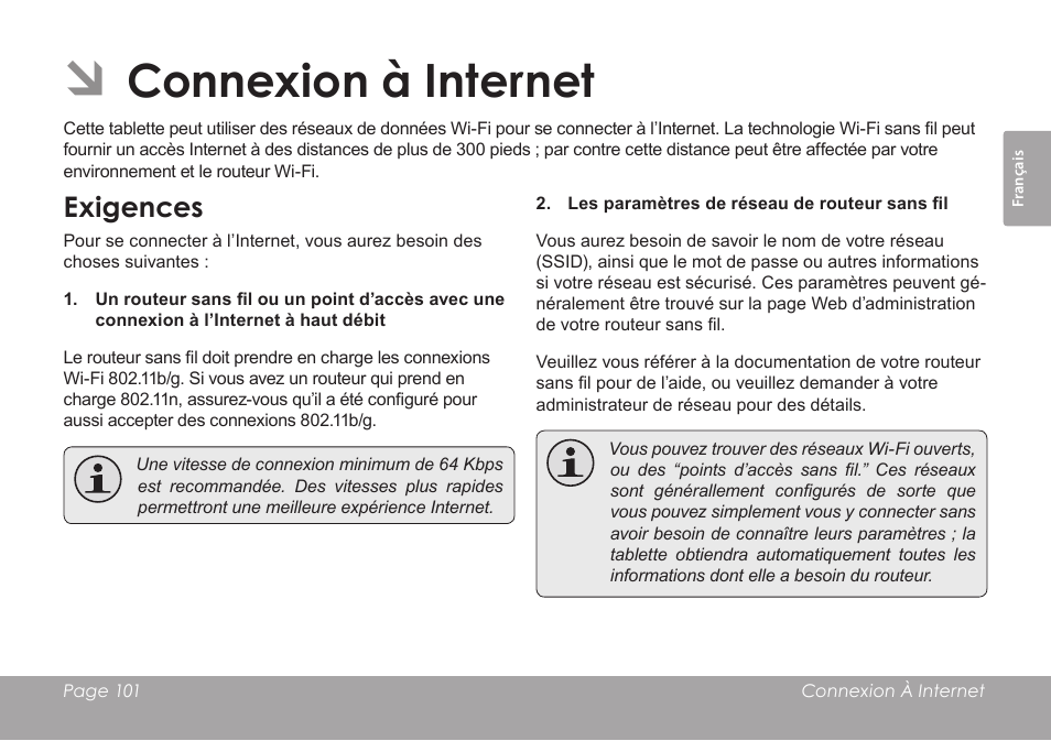Connexion à internet, Exigences | COBY electronic MID7012 User Manual | Page 101 / 124