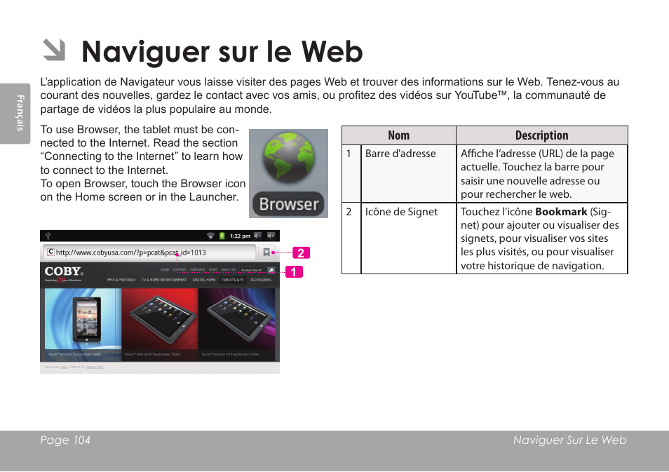 Naviguer sur le web | COBY electronic MID7012 User Manual | Page 104 / 124