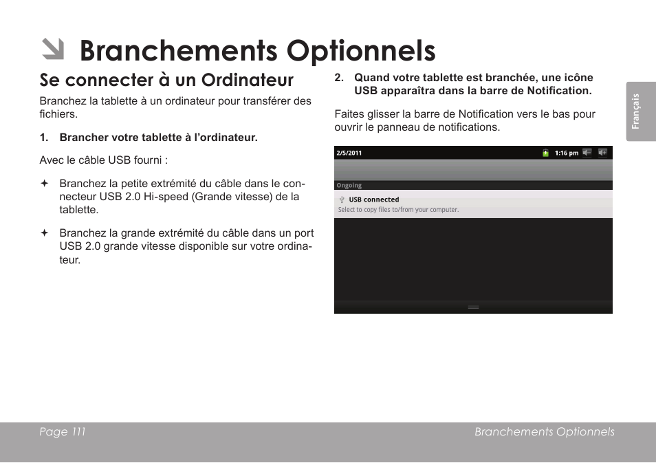 Branchements optionnels, Se connecter à un ordinateur | COBY electronic MID7012 User Manual | Page 111 / 124