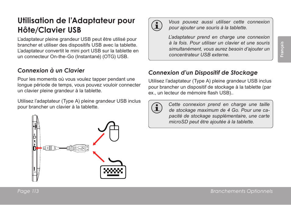 Utilisation de l’adaptateur pour hôte/clavier usb | COBY electronic MID7012 User Manual | Page 113 / 124