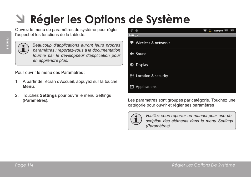 Régler les options de système | COBY electronic MID7012 User Manual | Page 114 / 124