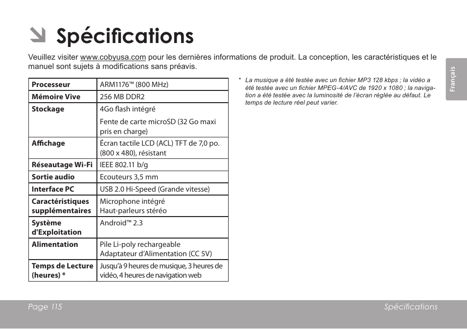 Spécifications | COBY electronic MID7012 User Manual | Page 115 / 124