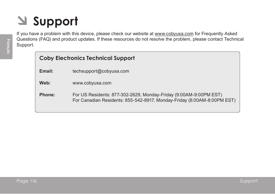 Support | COBY electronic MID7012 User Manual | Page 116 / 124