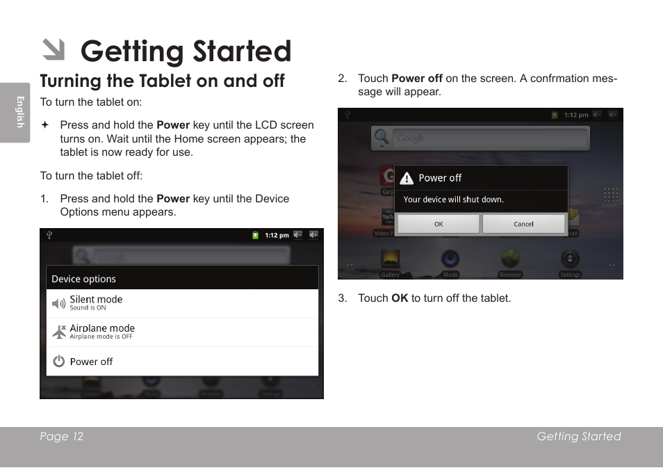 Getting started, Turning the tablet on and off | COBY electronic MID7012 User Manual | Page 12 / 124