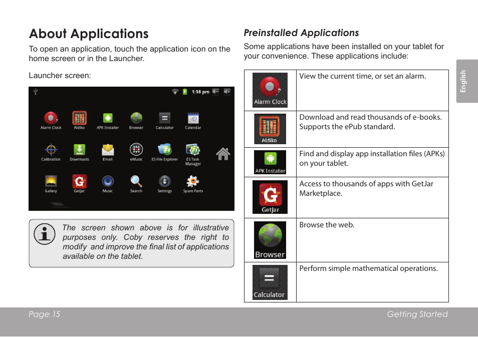 About applications | COBY electronic MID7012 User Manual | Page 15 / 124