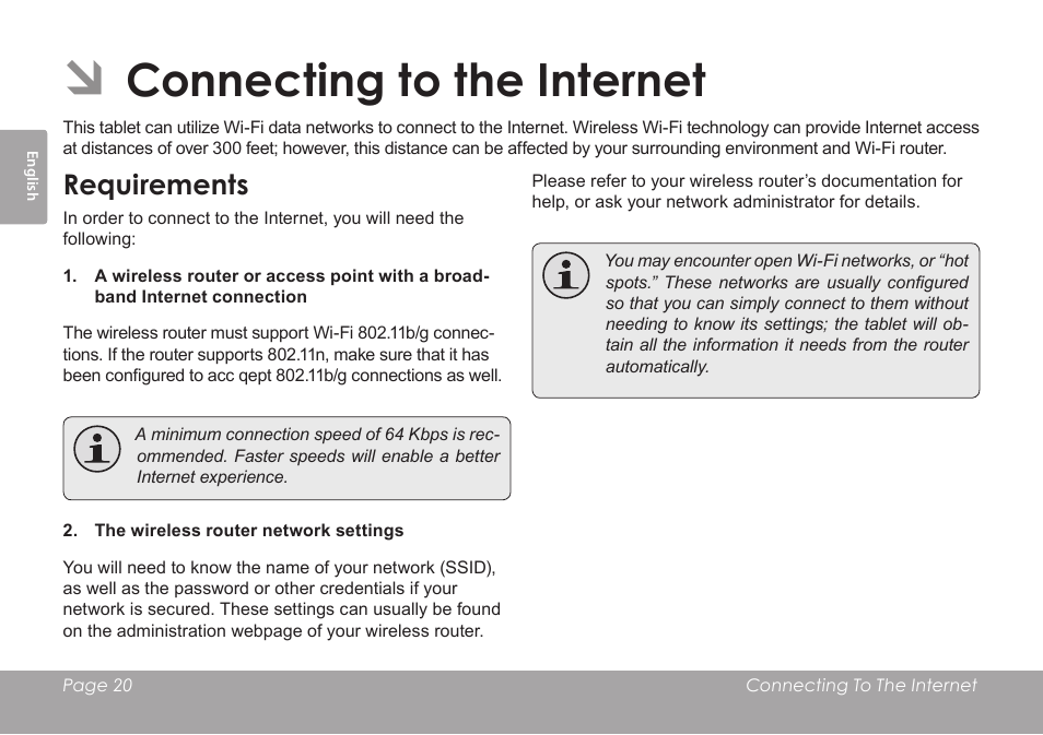 Connecting to the internet, Requirements | COBY electronic MID7012 User Manual | Page 20 / 124