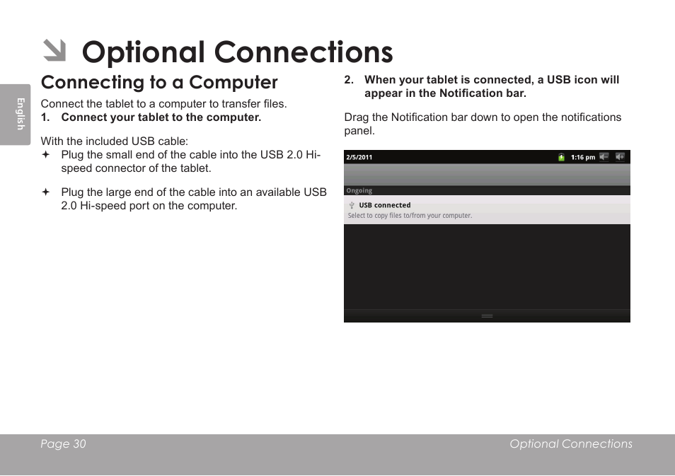 Optional connections, Connecting to a computer | COBY electronic MID7012 User Manual | Page 30 / 124