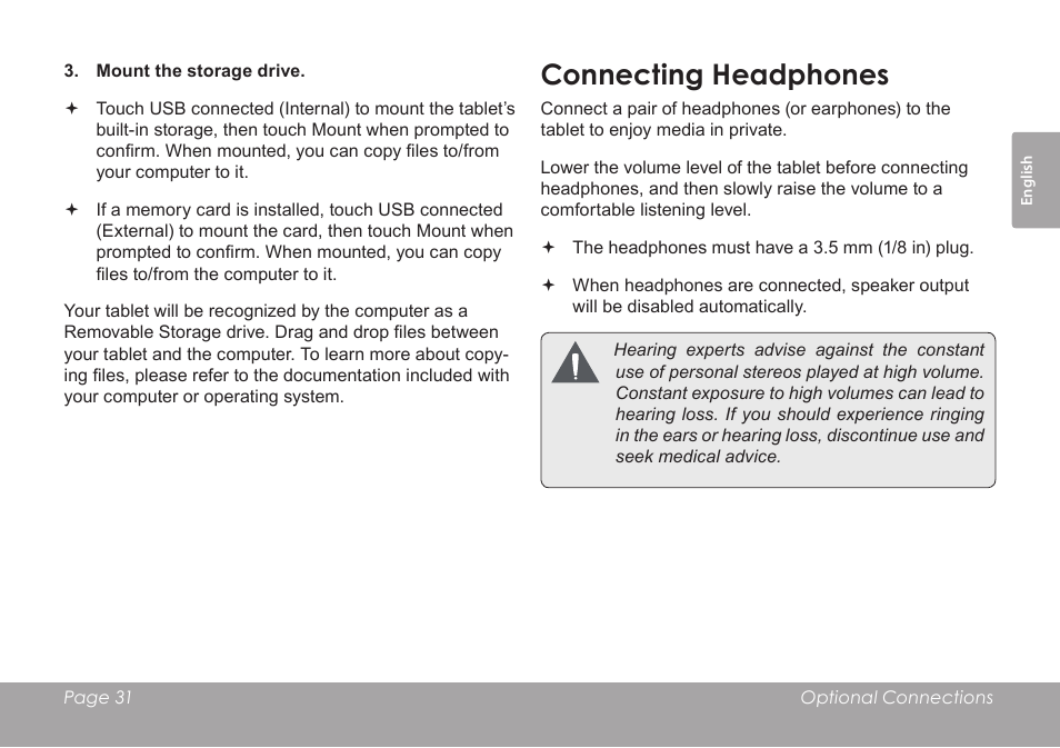 Connecting headphones | COBY electronic MID7012 User Manual | Page 31 / 124