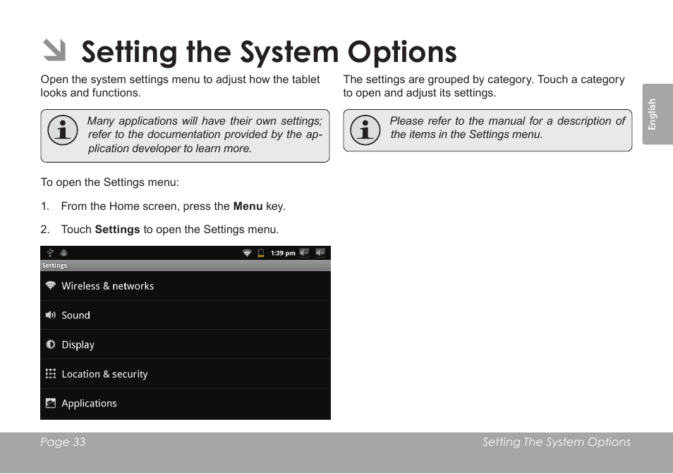 Setting the system options | COBY electronic MID7012 User Manual | Page 33 / 124