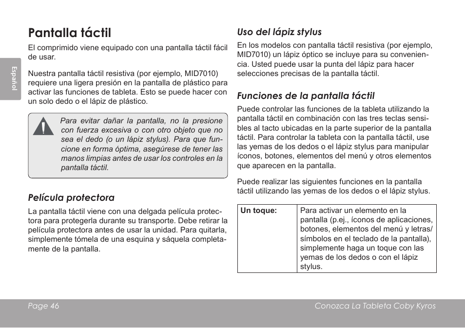 Pantalla táctil | COBY electronic MID7012 User Manual | Page 46 / 124