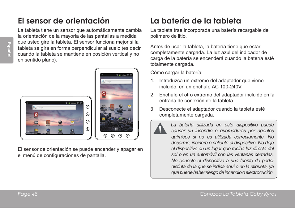 El sensor de orientación, La batería de la tableta | COBY electronic MID7012 User Manual | Page 48 / 124