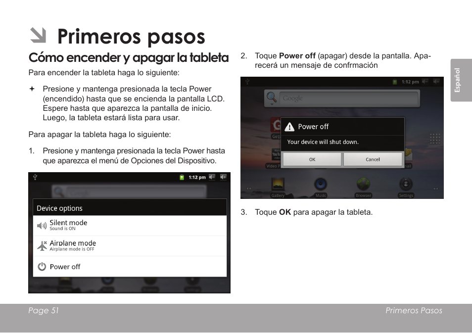 Primeros pasos, Cómo encender y apagar la tableta | COBY electronic MID7012 User Manual | Page 51 / 124