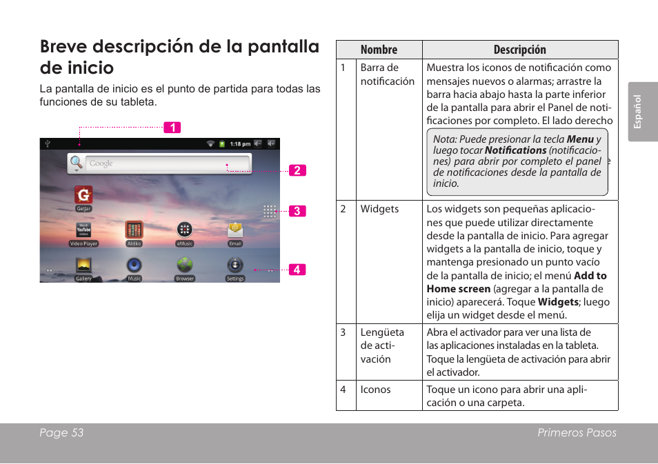 Breve descripción de la pantalla de inicio | COBY electronic MID7012 User Manual | Page 53 / 124