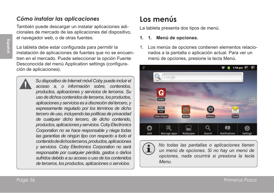 Los menús | COBY electronic MID7012 User Manual | Page 56 / 124