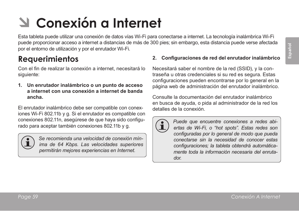 Conexión a internet, Requerimientos | COBY electronic MID7012 User Manual | Page 59 / 124
