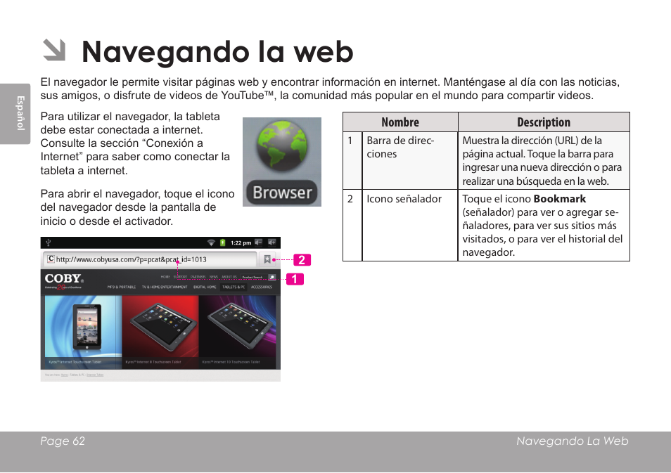Navegando la web | COBY electronic MID7012 User Manual | Page 62 / 124