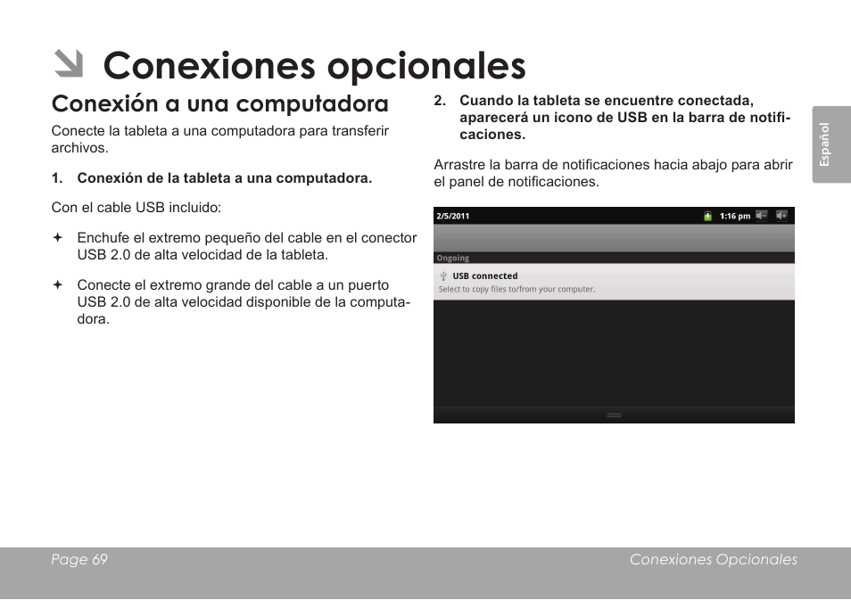 Conexiones opcionales, Conexión a una computadora | COBY electronic MID7012 User Manual | Page 69 / 124