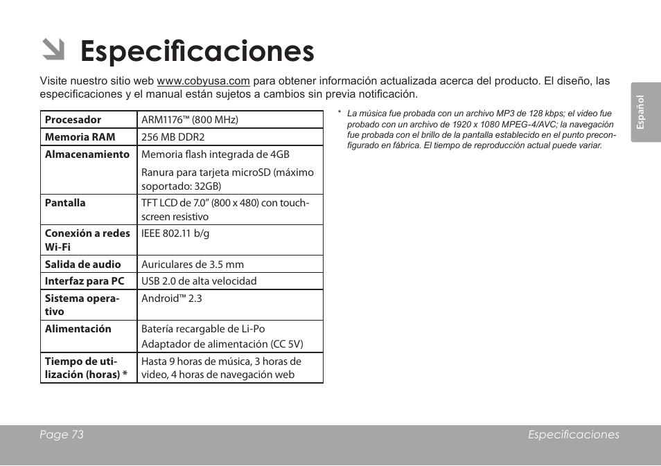 Especificaciones | COBY electronic MID7012 User Manual | Page 73 / 124