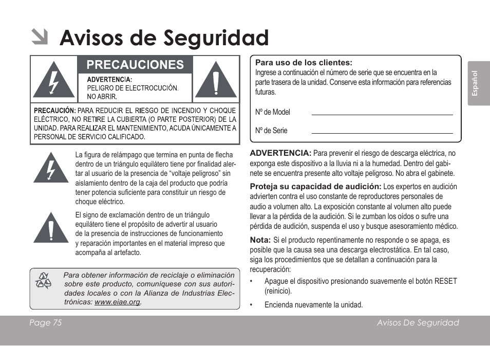 Avisos de seguridad | COBY electronic MID7012 User Manual | Page 75 / 124