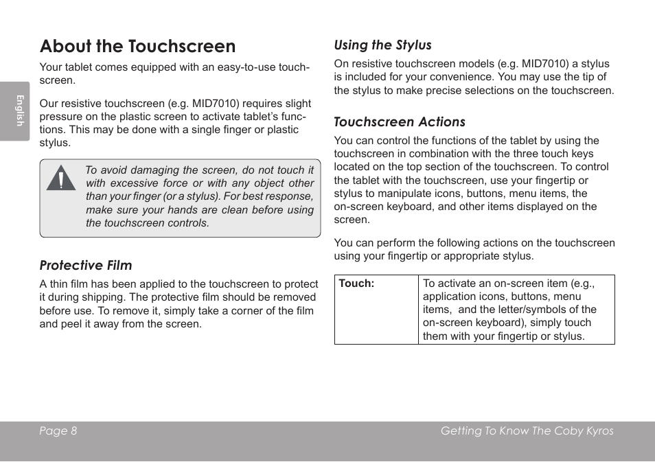 About the touchscreen | COBY electronic MID7012 User Manual | Page 8 / 124